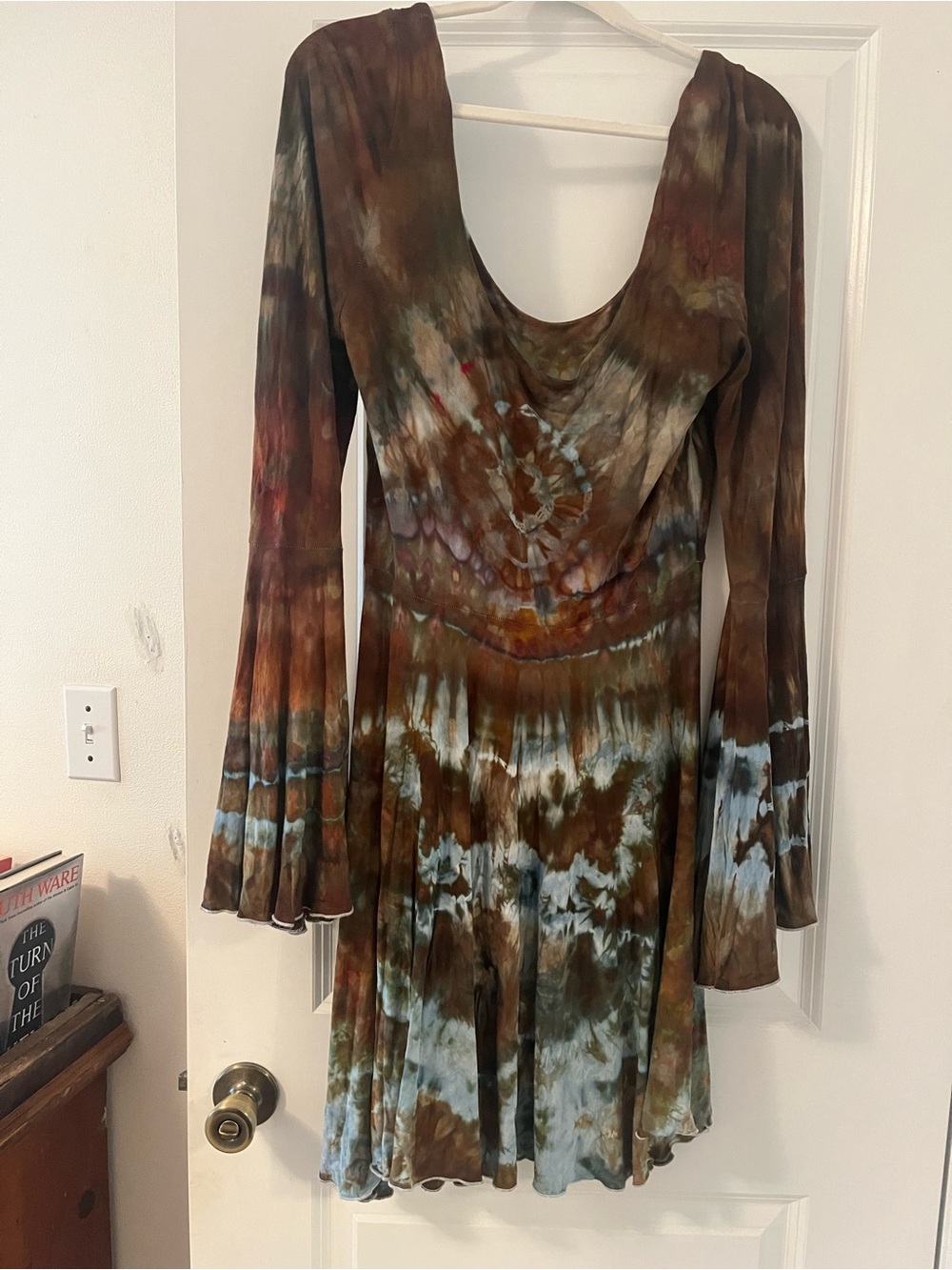 Hippie tie dye marbles brown green blue tunic dress fairy style L large